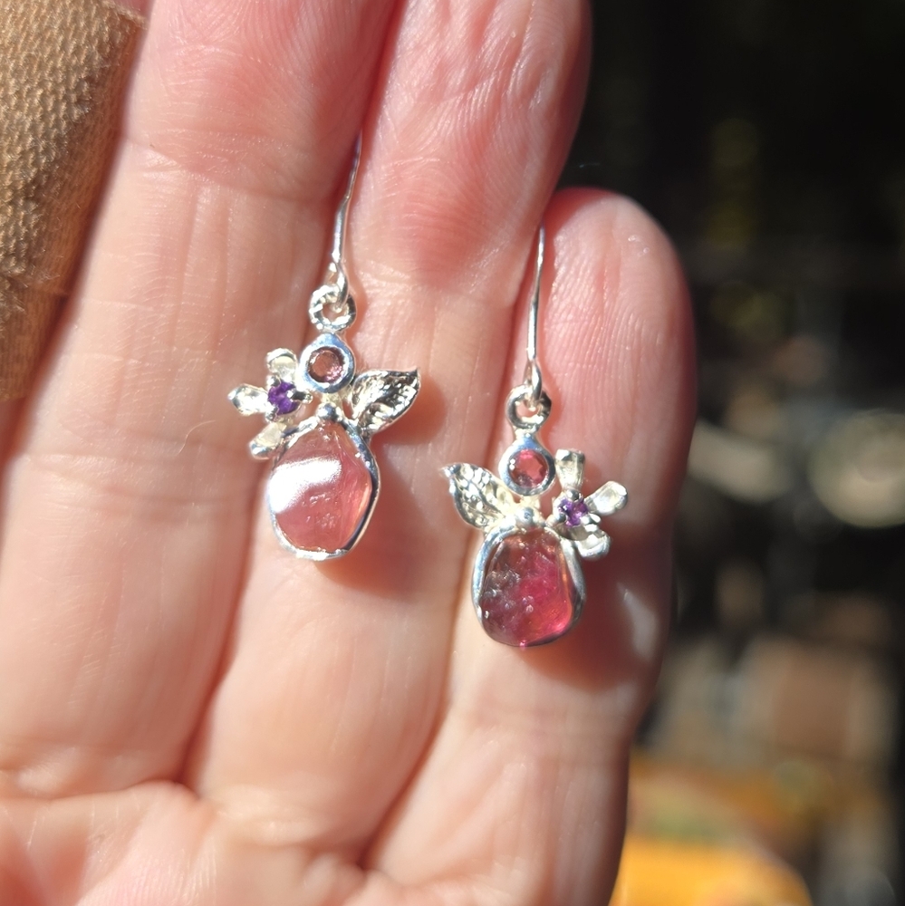 HOST PICK🎉🎊Pink Tourmaline Rhodalite & Amethyst Sterling & White Gold Earrings - Picture 8 of 11